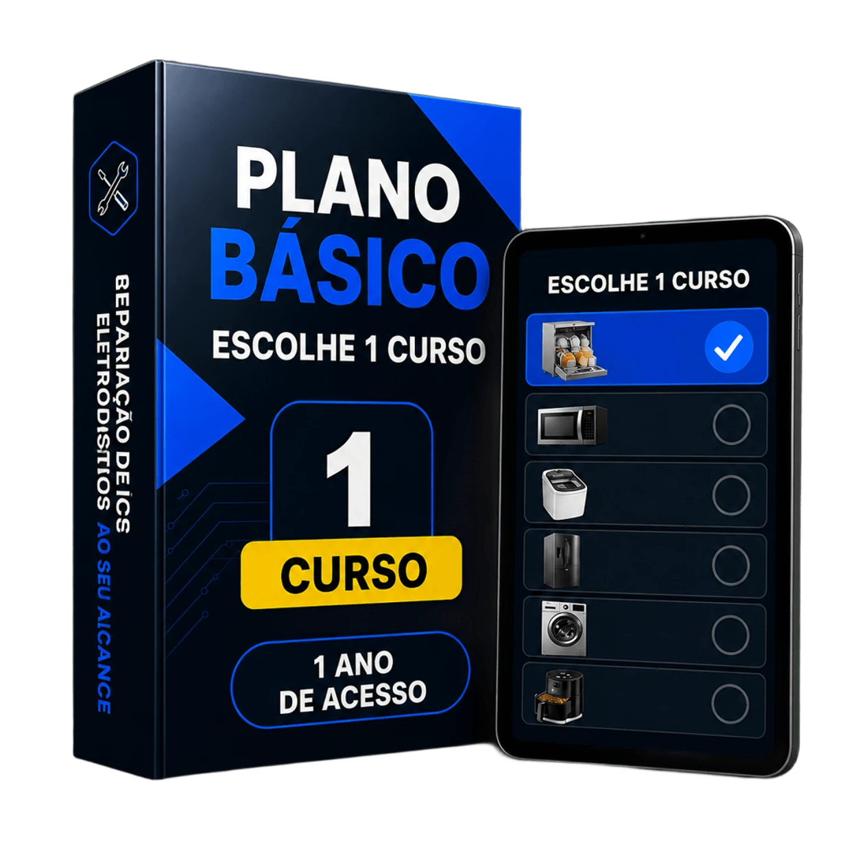 Mockup ultra-realista do Plano Básico com 1 curso à escolha e garantia de 15 dias